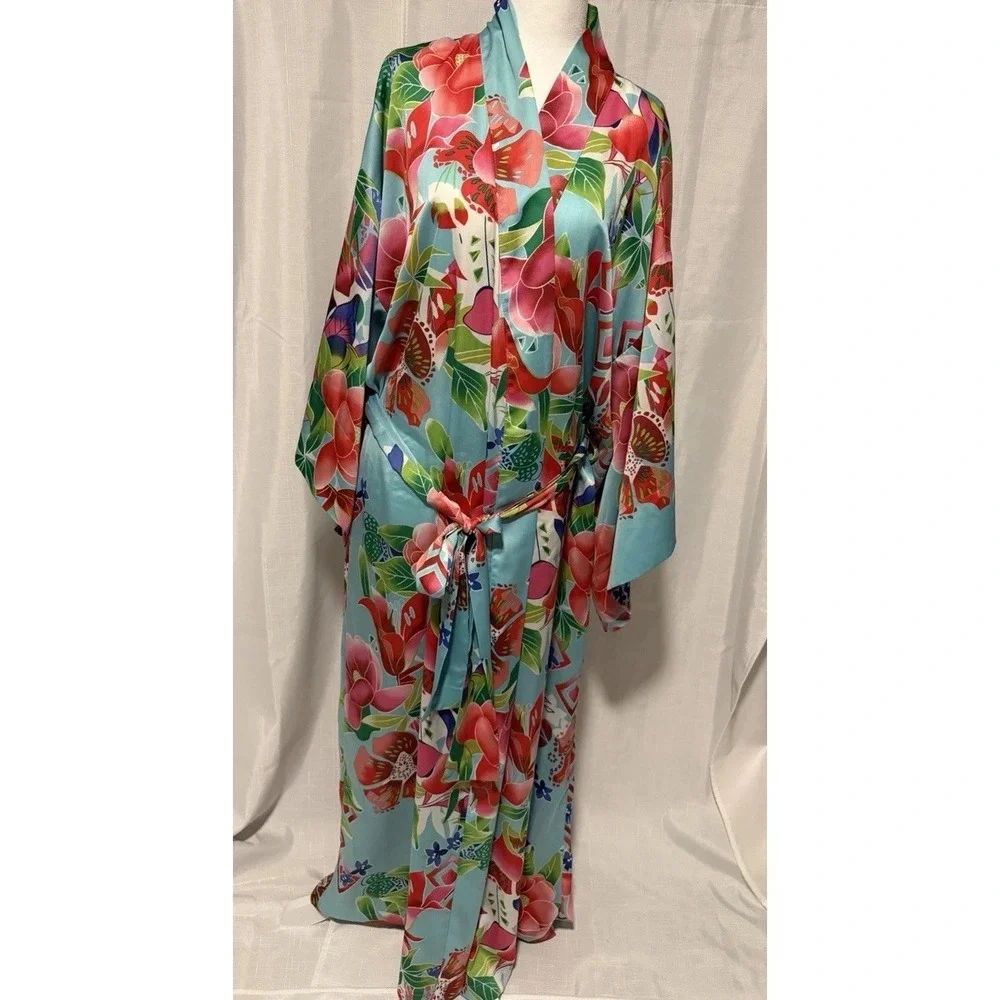 Natori Star Blossom L Robe & Gown Set Silky Floral Kimono Luxury Lounge Resort